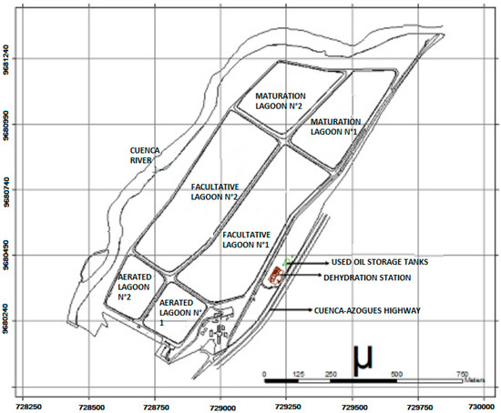 Primary structure of Ucubamba Guangarcucho wastewater treatment plant. (a) Arrival box–bypass–admission gate